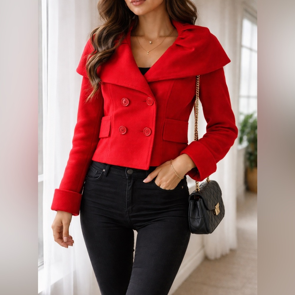 Chic Cropped Red Peacoat Jacket – Fitted Tailored Style